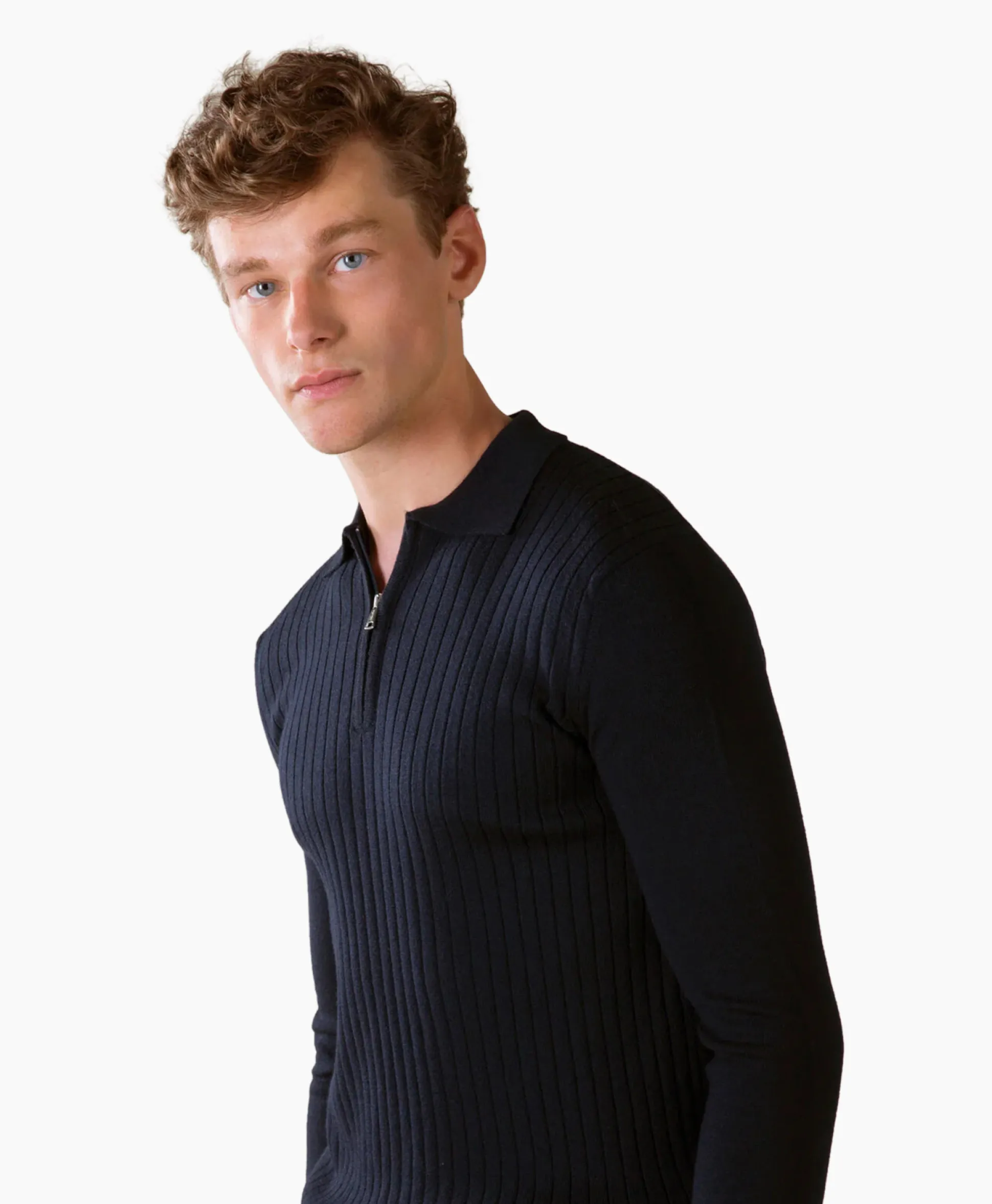 Aurelien Aurelien Pullover Rib Zip Polos Ls Donker Blauw