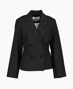 Ganni Blazer Drapey Melange Fitted Double Breasted Zwart