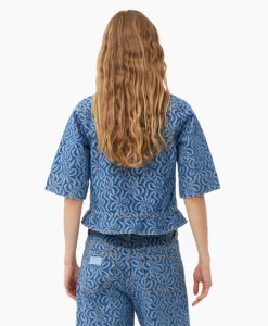 Ganni Blouse Jacquard Denim Flounce Tie Midden Blauw