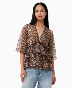 Ganni Blouse Pleated Georgette V-Neck Flounce Bruin