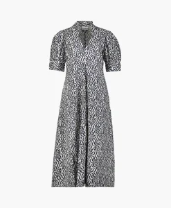 Ganni Midi Jurk Printed Cotton V-Neck Long Ecru