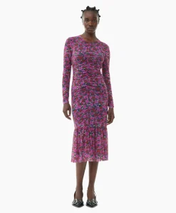 Ganni Midi Jurk Printed Mesh Long Sleeve Gathered Roze
