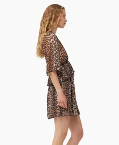 Ganni Mini Jurk Pleated Georgette V-Neck Flounce Bruin