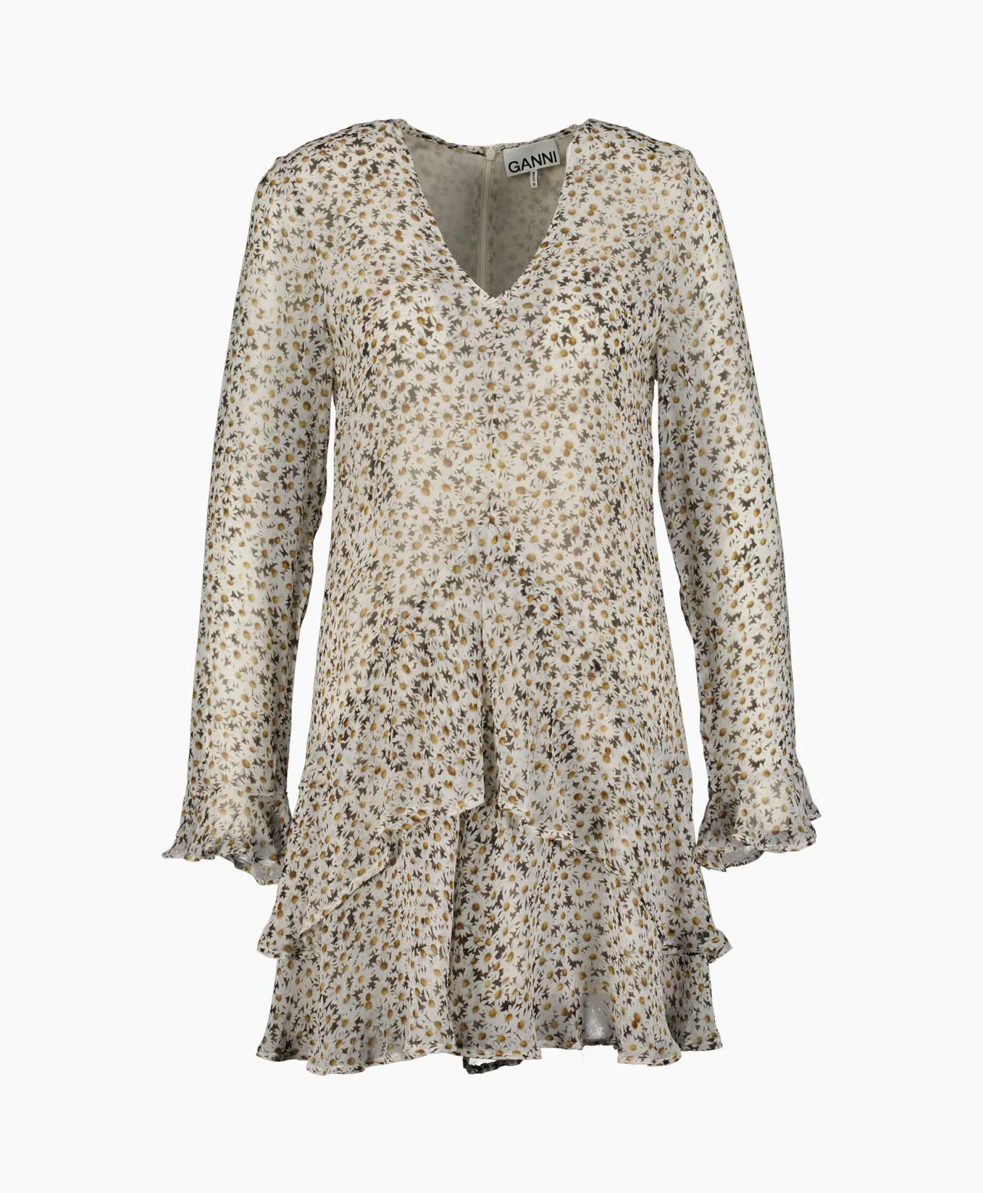 Ganni Mini Jurk Printed Light Georgette Dress Ecru