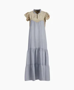 Greek Archaic Kori Maxi Jurk Long New All Over Sleeveless Ruffles Licht Grijs
