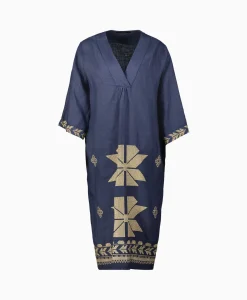 Greek Archaic Kori Midi Jurk Aeolis V-Neck Donker Blauw