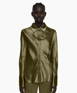 Joseph Blouse Brunel Silk Satin Olijf